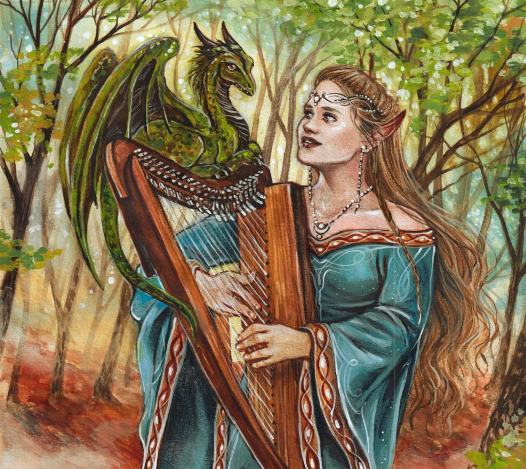 tekening van Cathinca op de harp voor de cover van harpsong