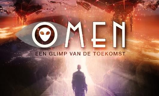 De cover van Omen een Sf verhalenbundel waar een verhaal van Cathinca in staat.