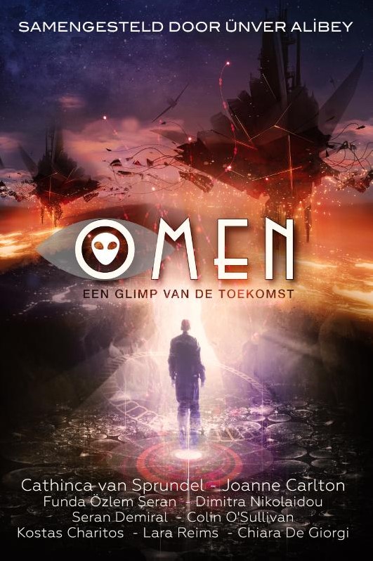 De cover van Omen een Sf verhalenbundel waar een verhaal van Cathinca in staat. 